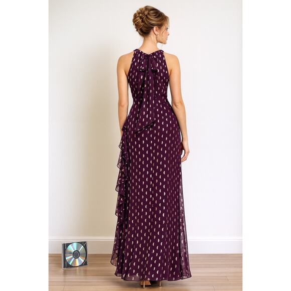 Betsy & Adam Burgundy Chiffon Foil Gown - Size 16 - Picture 2 of 16